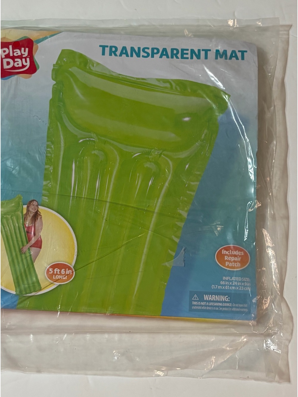 Play Day Pool Green Inflatable Transparent Air Mat Float  Adult 5‘ X 6“